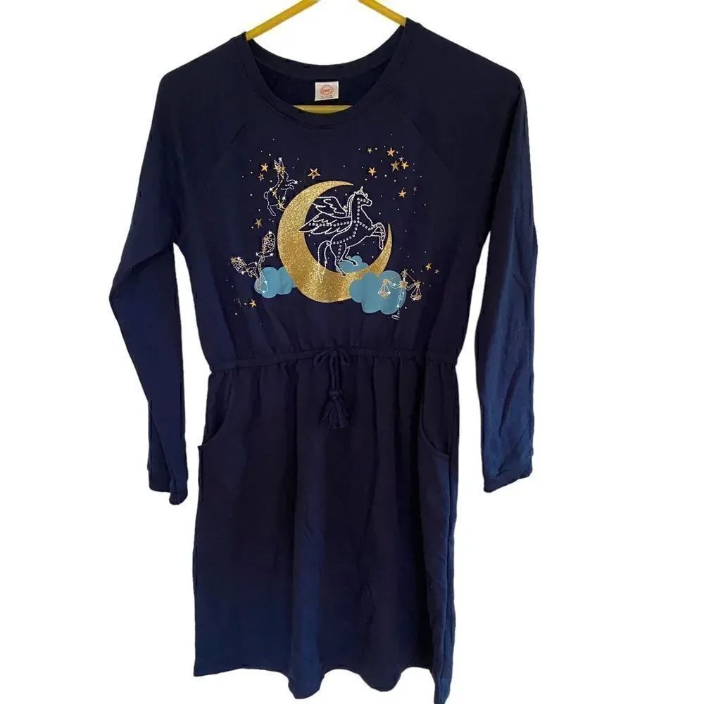 Wonder Nation Girls size 14/16 long sleeve dress drawstring waist pockets moon